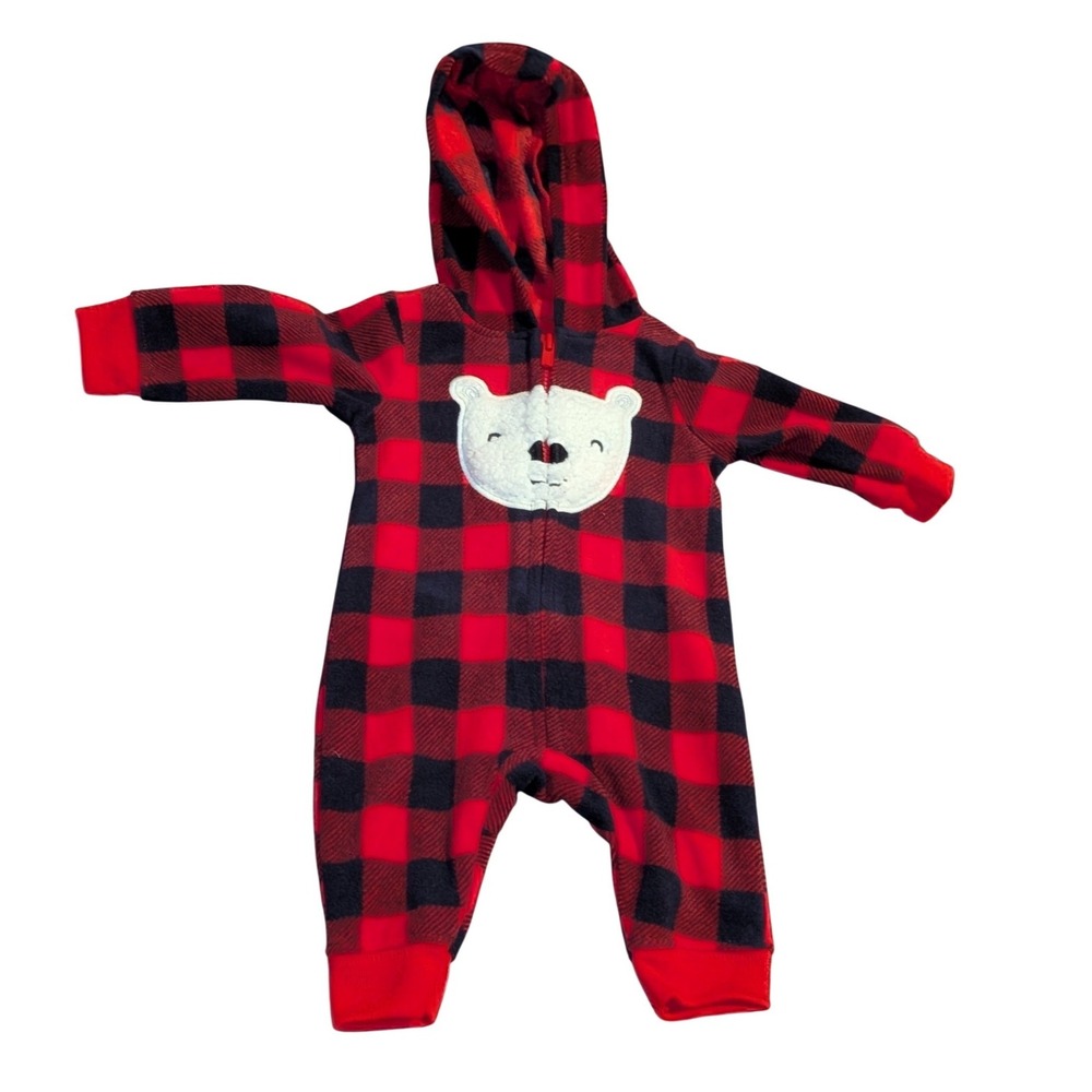 Carters Just One You Newborn Red Black Buffalo Plaid Fleece Hooded Jumpsuit Bear